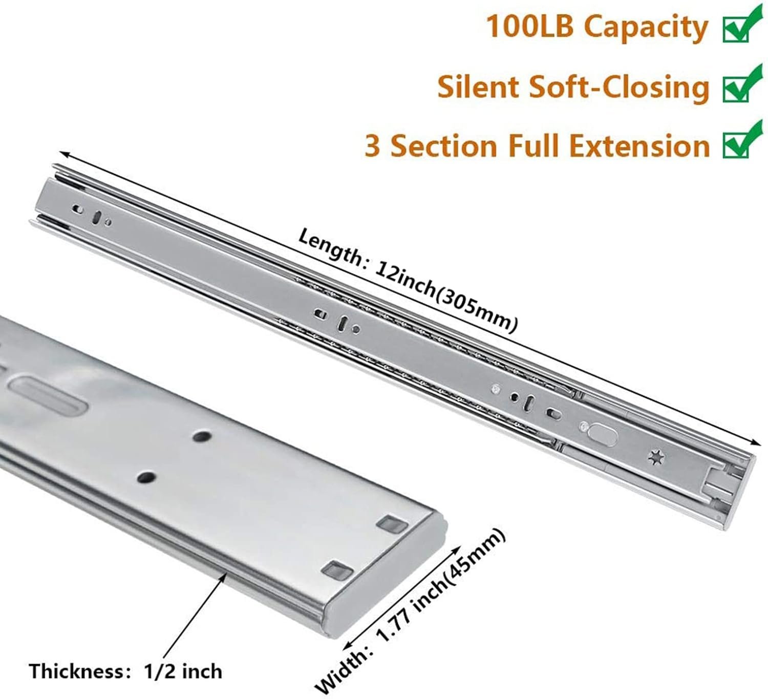Soft Close Drawer Slides – 20", Full Extension, Side Mount, Heavy-Duty (100 lb) - Imagen 2